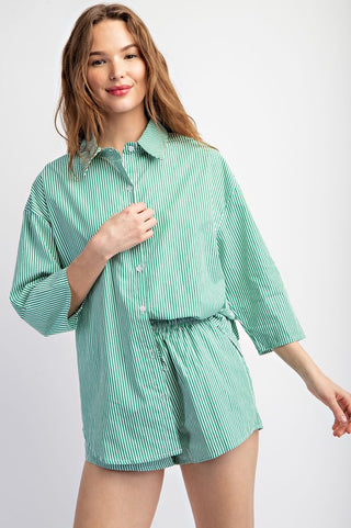 2pcs SET SOFT WOVEN STRIPE OVERSIZE SHIRT SHORT