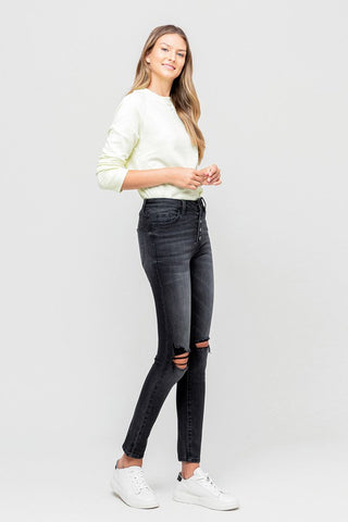 High Rise Distressed Button Fly Ankle Skinny