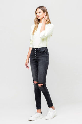 High Rise Distressed Button Fly Ankle Skinny