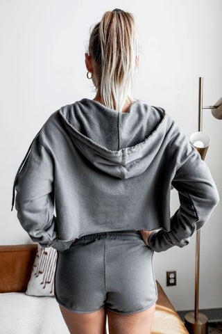 Grey Raw Edges Cropped Hoodie and Bottom Sets