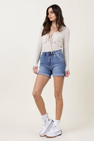 DENIM SHORTS W PIN TUCK DETAIL