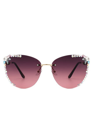 Rimless Rhinestone Fashion Cat Eye Sunglasses