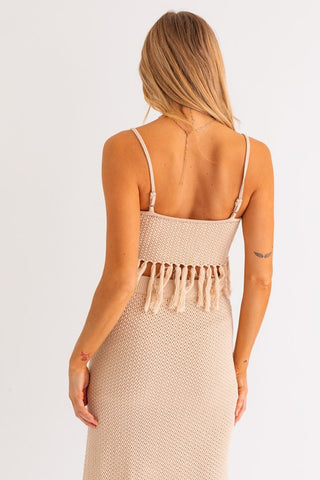 TASSLE DETAIL SPAGHETTI SWEATER CROP TOP