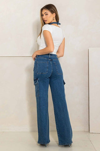 High Rise Crossed Waist Cargo Wide Jeans