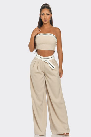 Contrast-Trim Tube Top and Wide-Leg Pants Set