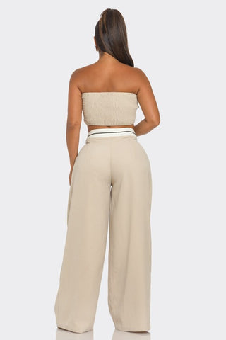 Contrast-Trim Tube Top and Wide-Leg Pants Set