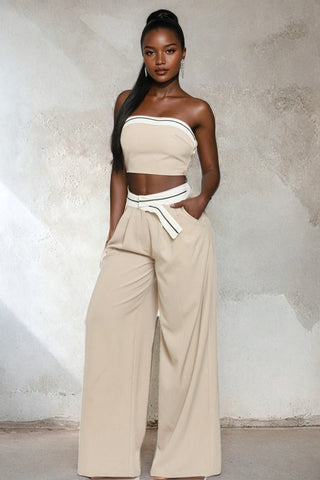 Contrast-Trim Tube Top and Wide-Leg Pants Set