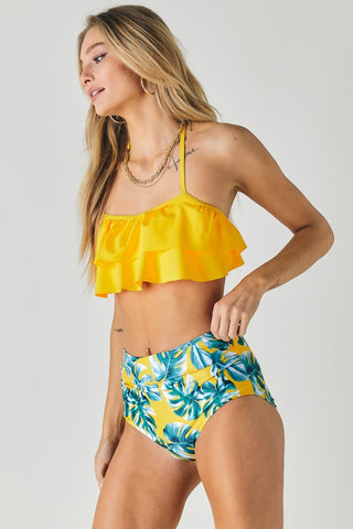 SOLID RUFFLE TOP AND PRINTED BOTTOM SWIMSUIT