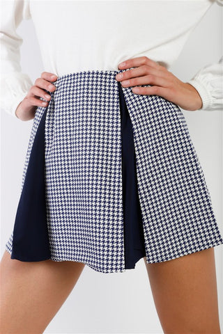 Houndstooth Print Pleated High Waist Mini Skirt