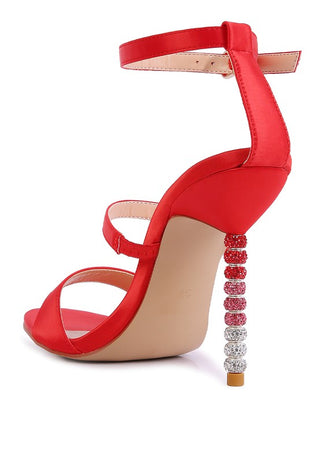 RHINESTONE BALL HEEL SATIN SANDALS