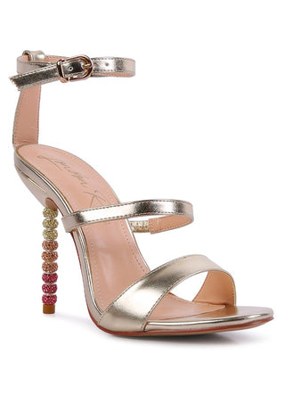 RHINESTONE BALL HEEL SATIN SANDALS