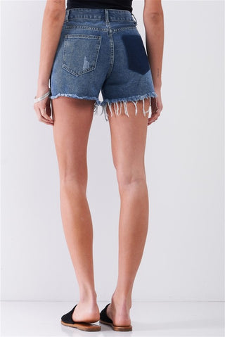 Destroyed High-Waisted Raw Hem Denim Shorts