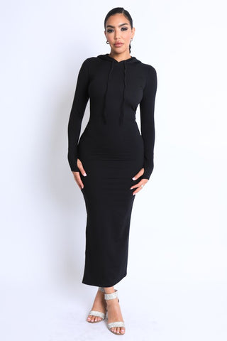 Terry hooded maxi dress with side slit zipper