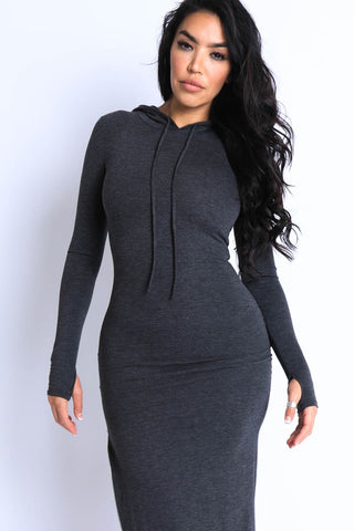 Terry hooded maxi dress with side slit zipper