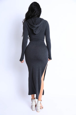 Terry hooded maxi dress with side slit zipper